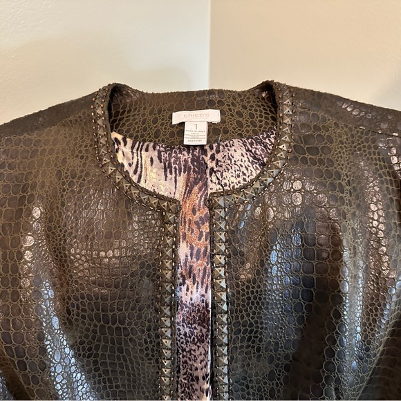 Chico’s Crocodile Embossed Brown Faux Leather Jacket - Picture 1 of 9